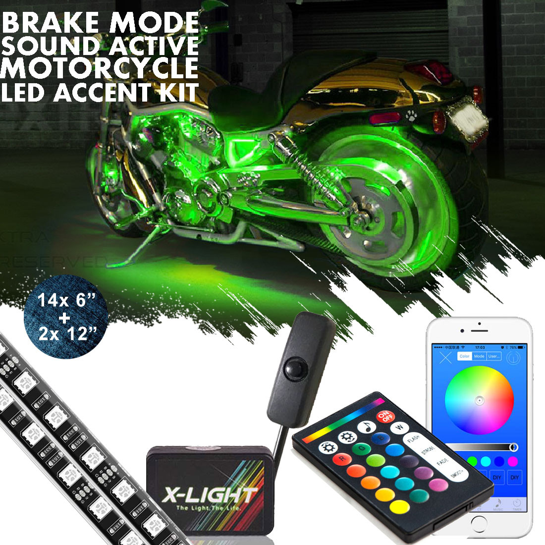 x16 LED Motorcycle Underglow Multi Color Lighting RGBW Kit Bluetooth IOS Android