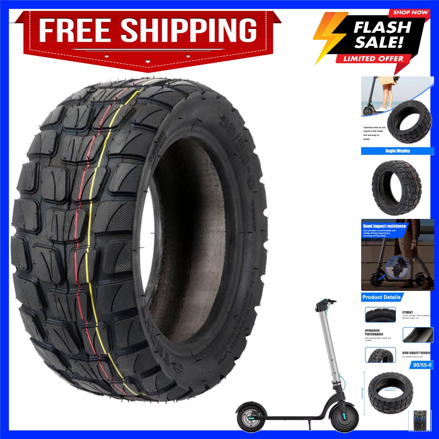 90/55-6 Scooter Tire 10 inch Off Road Tire 10×3.0 Wider & Thicker Rubber Tube…