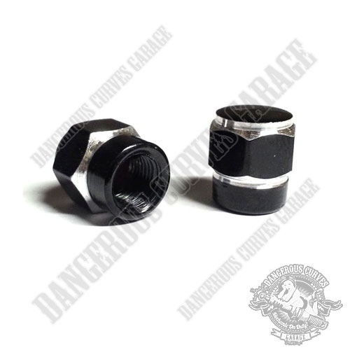 2 Black & Silver Contrast Cut Hex Billet Aluminum Tire Valve Stem Dust Caps