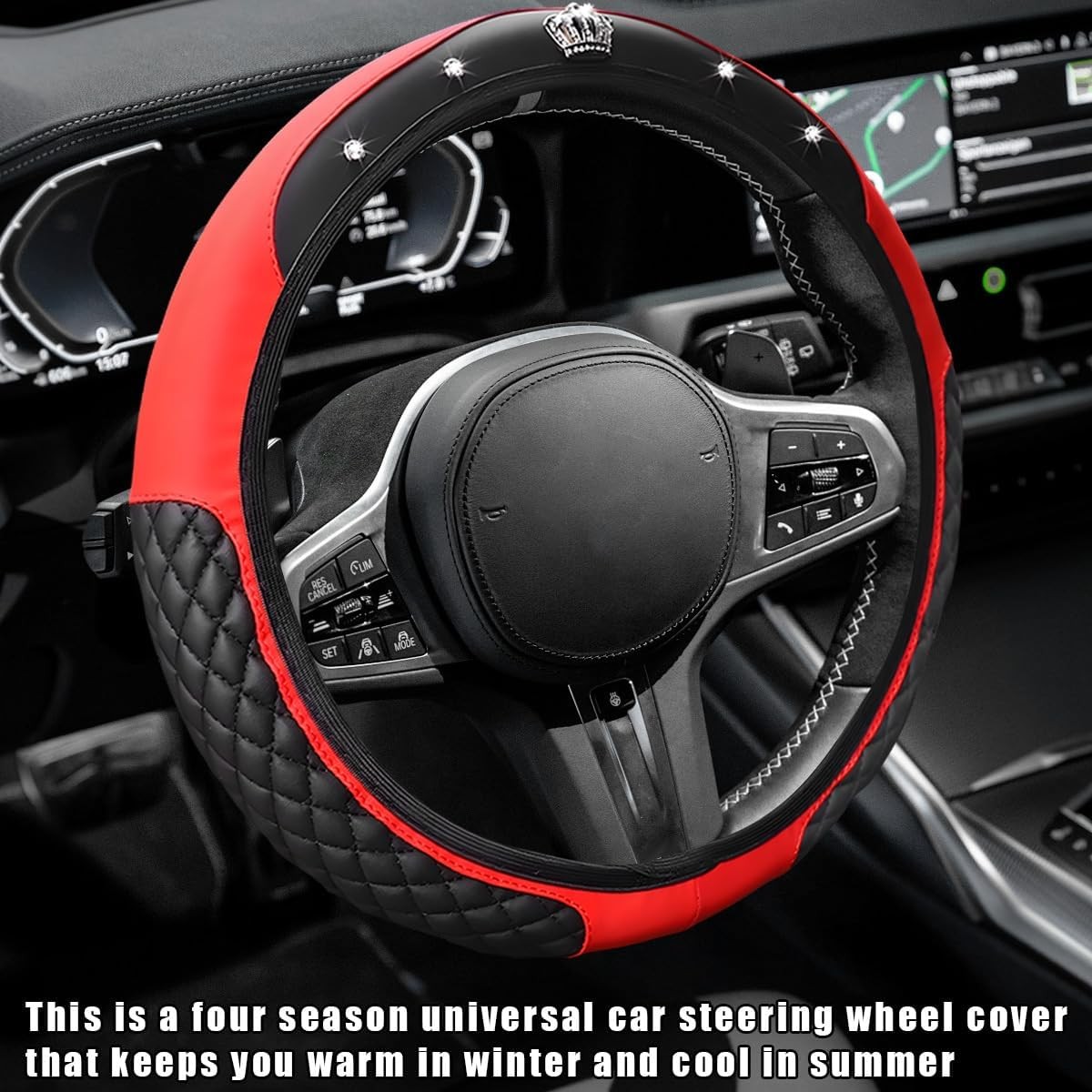 15 Inch Diamond Crown Leather Steering Wheel CoverColor: Red