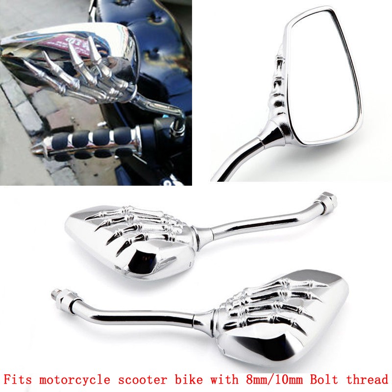 1 Pair of Motorcycle Rear View Mirrors Skull Skeleton Hand 10mm/8mm Screw Thread