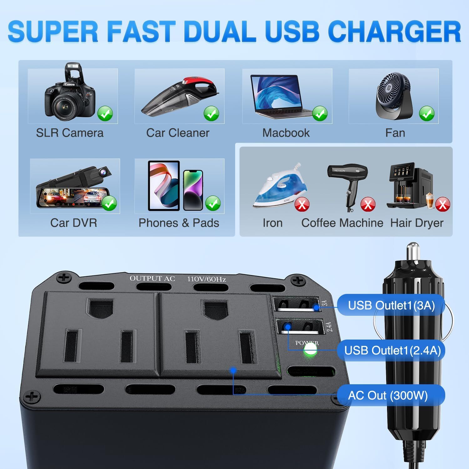 Nilight 300W Power Inverter 12V DC to 110V AC Car Charger Converter