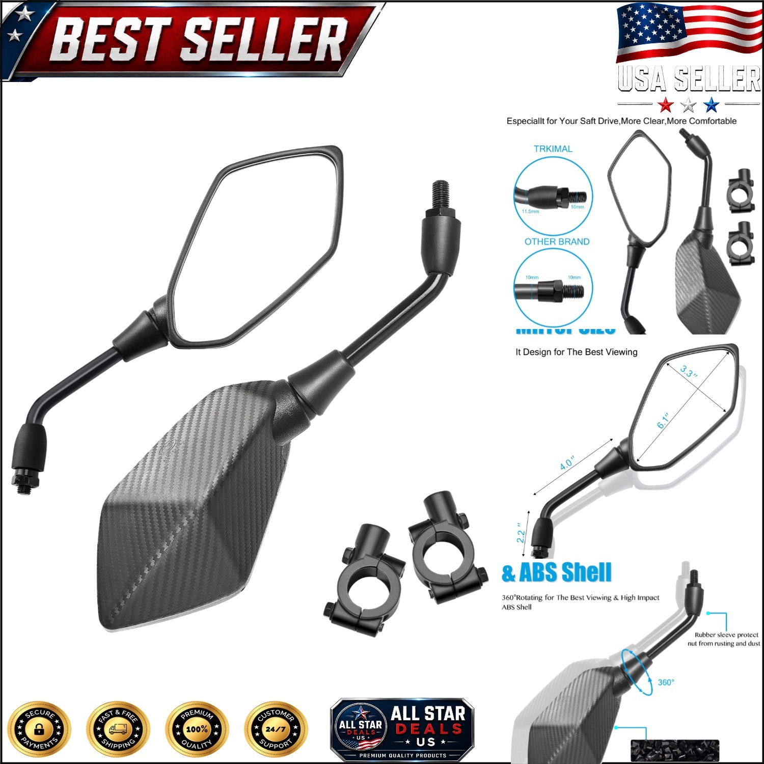 Adjustable Universal Motorcycle Rear View Mirror, 6.1” Convex Lens – Snakeskin
