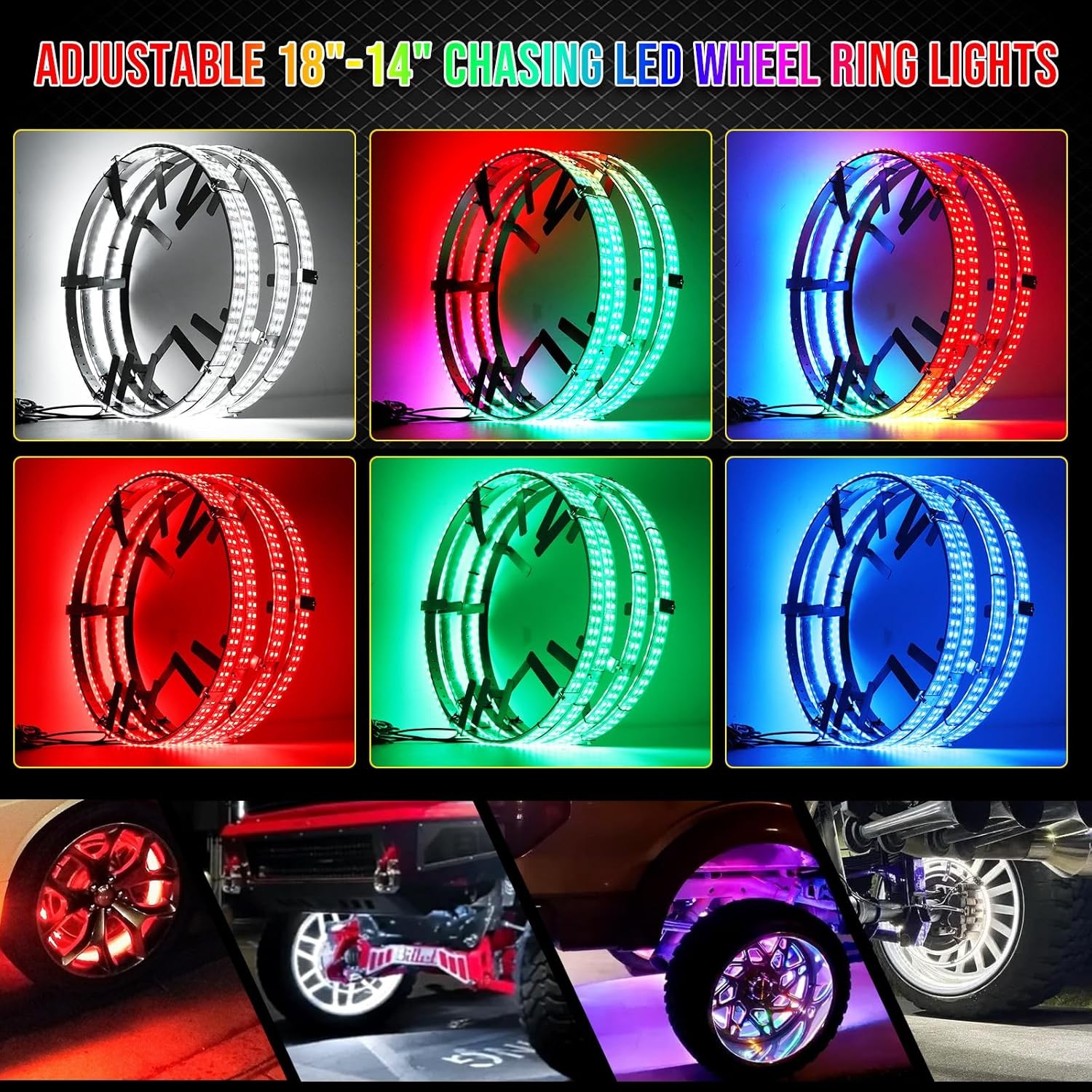 Adjustable 14-18inch 2-Rows Wheel Ring Lights, RGBW black