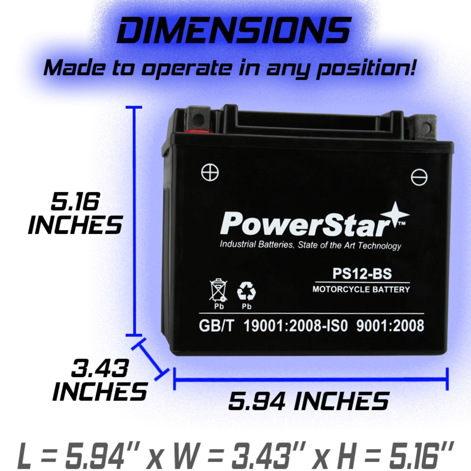 PowerStar YTX12-BS Battery For Suzuki VL800 Intruder Volusia 2001-2004