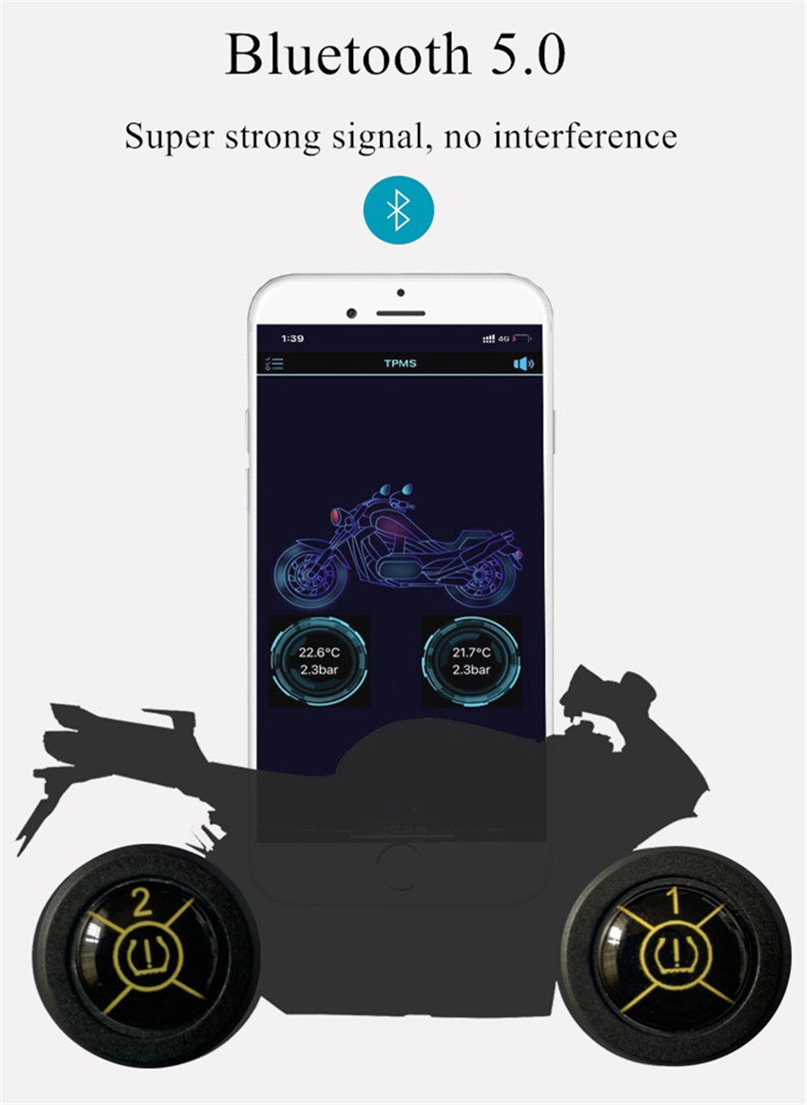 TPMS Bluetooth 5.0 Tire Pressure Monitor System 2 External Sensor for Motorcycle