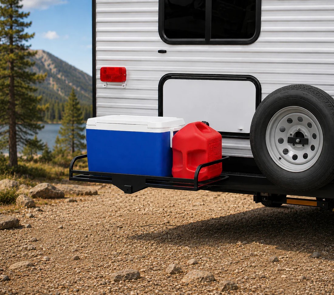 HERC OUTDOORS RV & Camper Bumper Mount Gear Rack, no drill, bolt-on complete kit