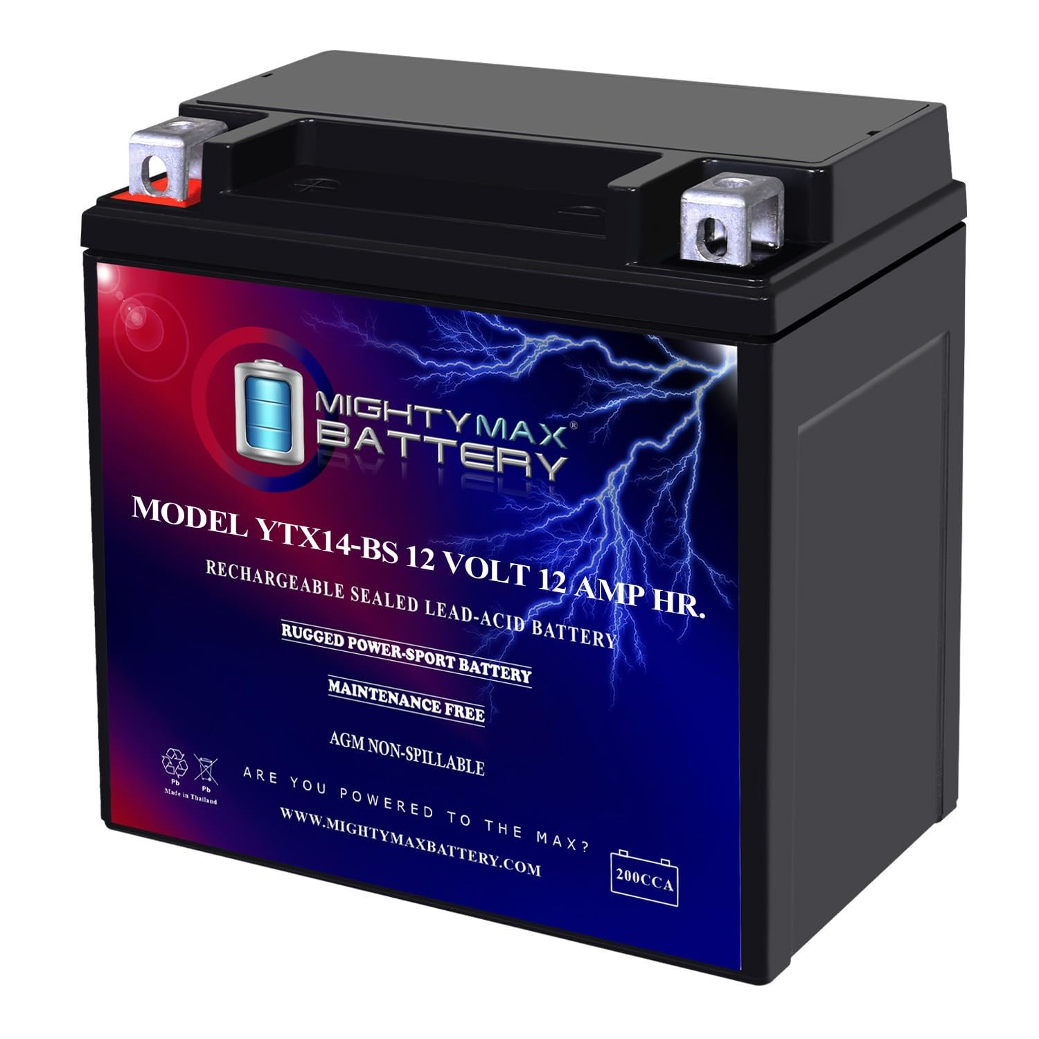 Mighty Max Battery YTX14-BS – 12 Volt 12 AH, 200 CCA, YTX14-BS, Black