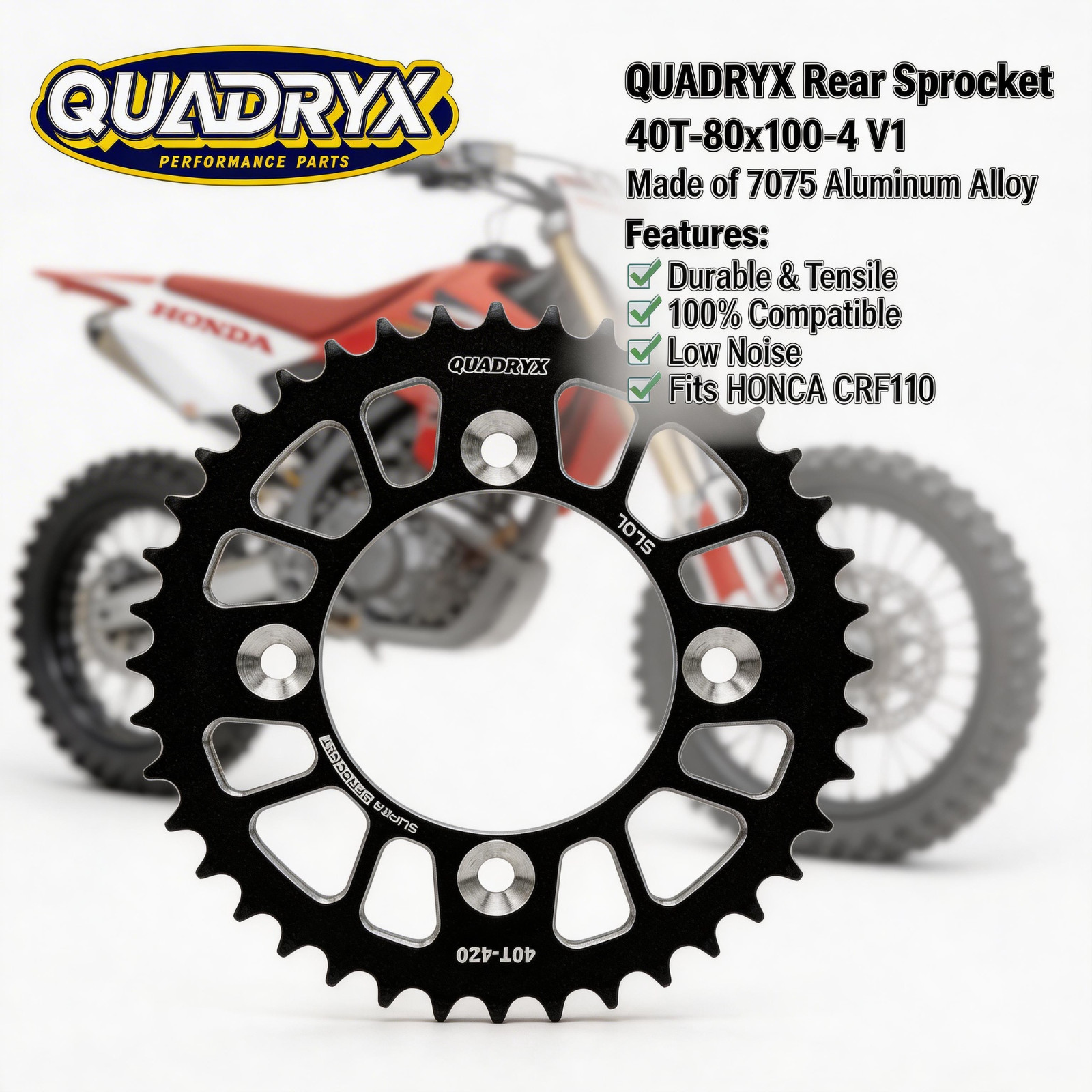 QUADRY Rear Sprocket 40T-80x100mm-4 V1 Perfect Fit for Honda CRF 110F (Black)