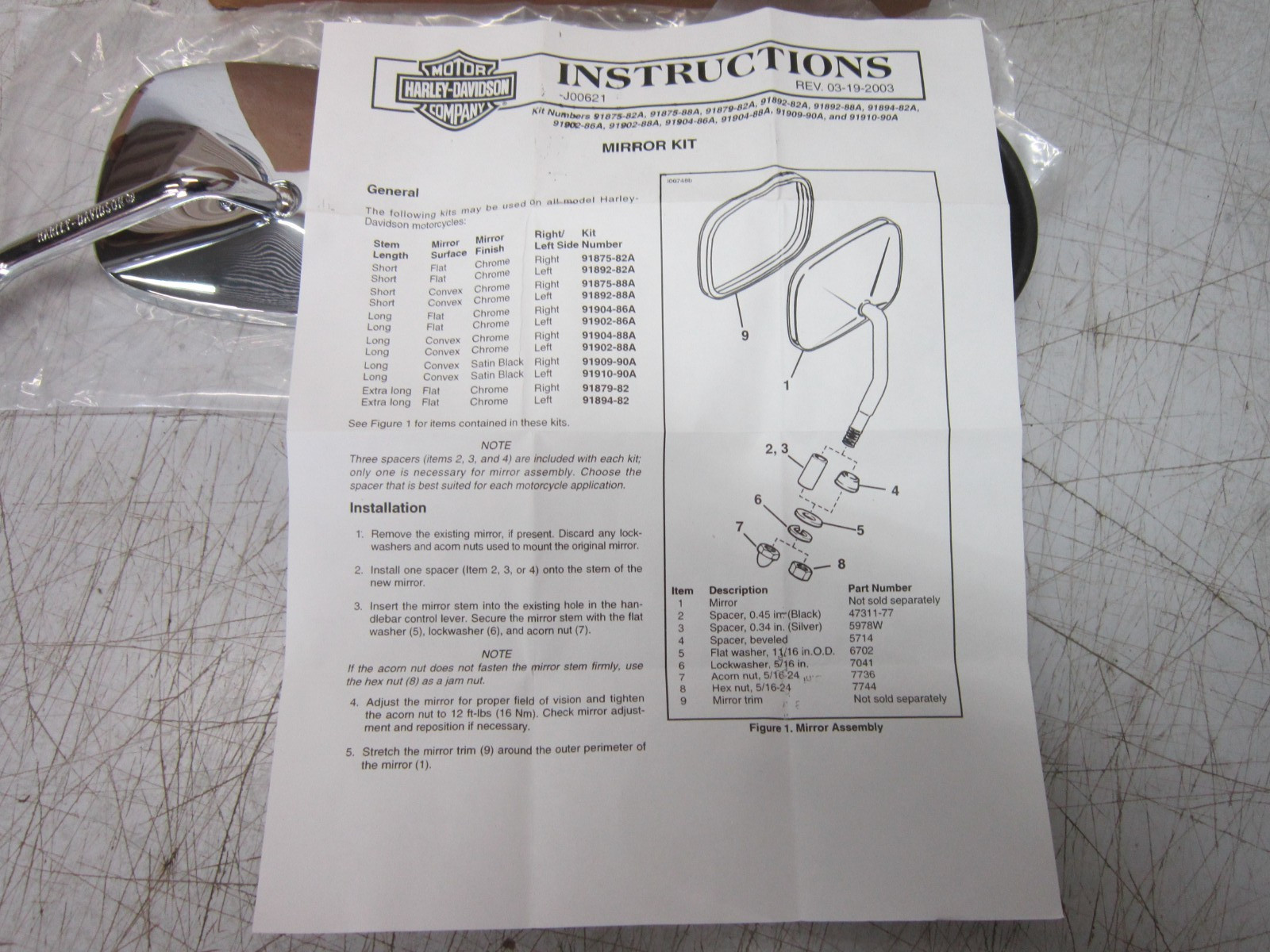 Harley Davidson Mirror Kit Left Short Convex 91892-88A