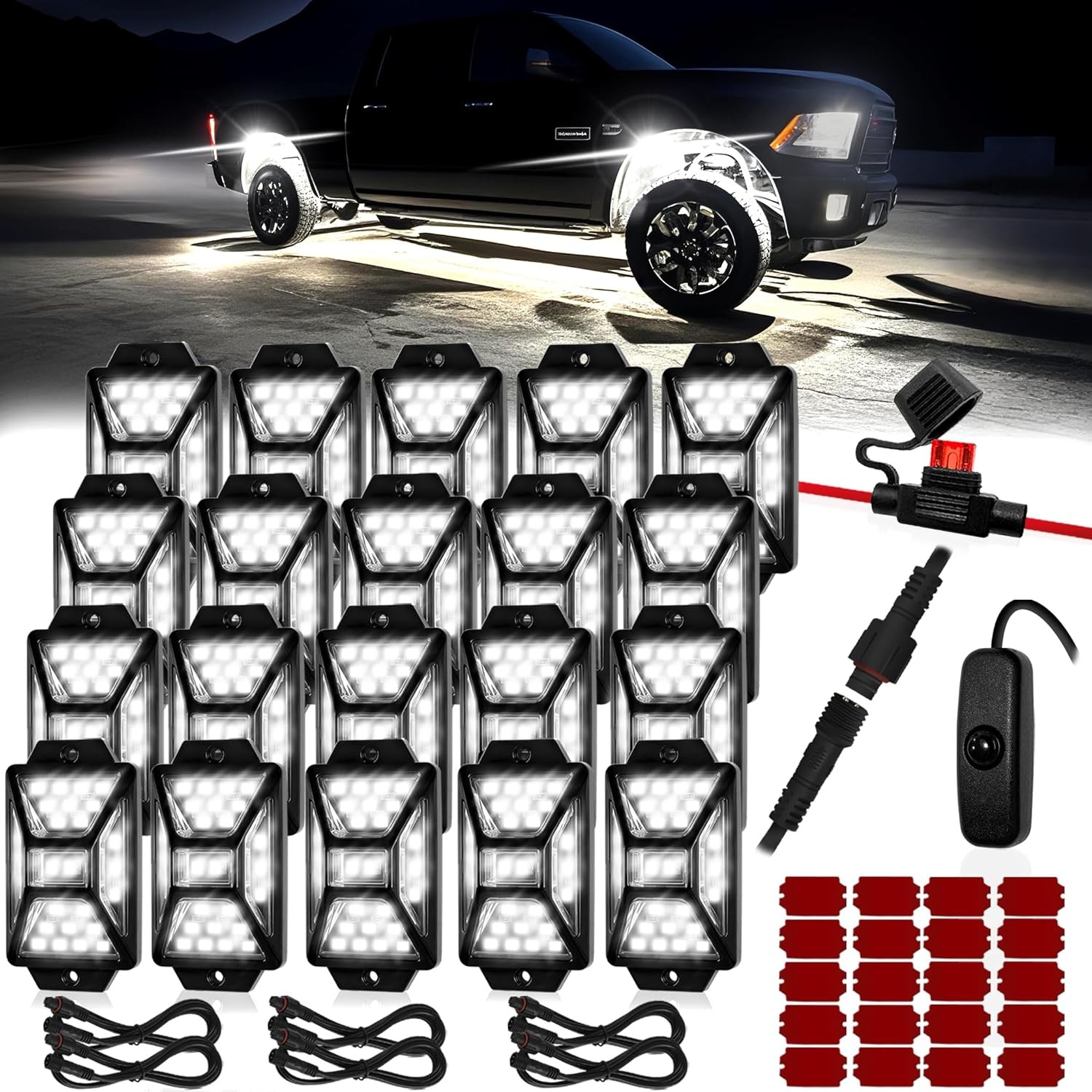 20 Pods Pure White LED Rock Lights Kit with Switch Wiring 20 pods,