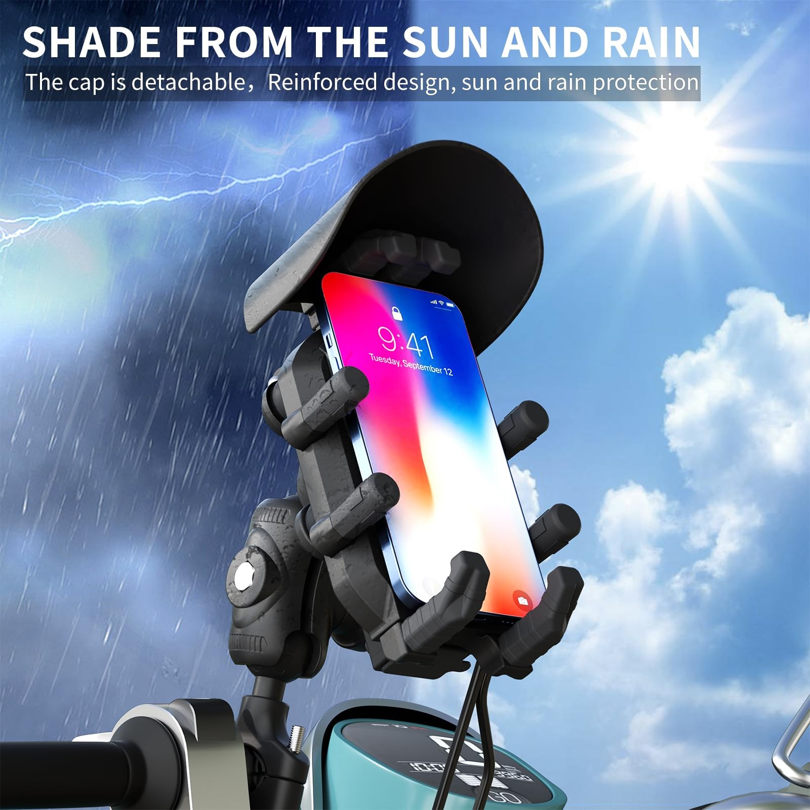 Motorcycle Phone Mount with 15W Wireless Charger & PD/USB-C Black
