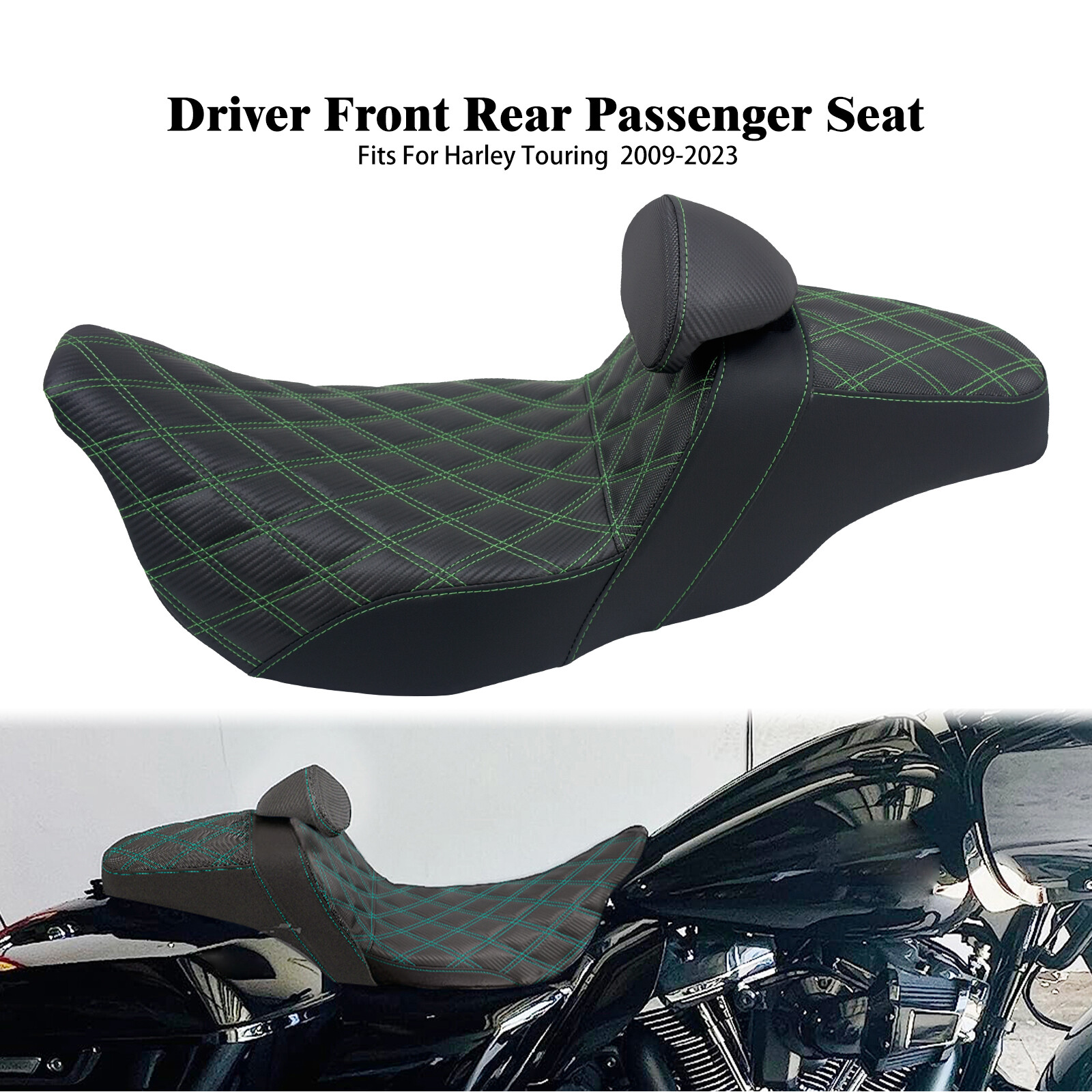 Driver Passenger Seat Green Line w/ Backrest For Harley Road Street Glide 09-23