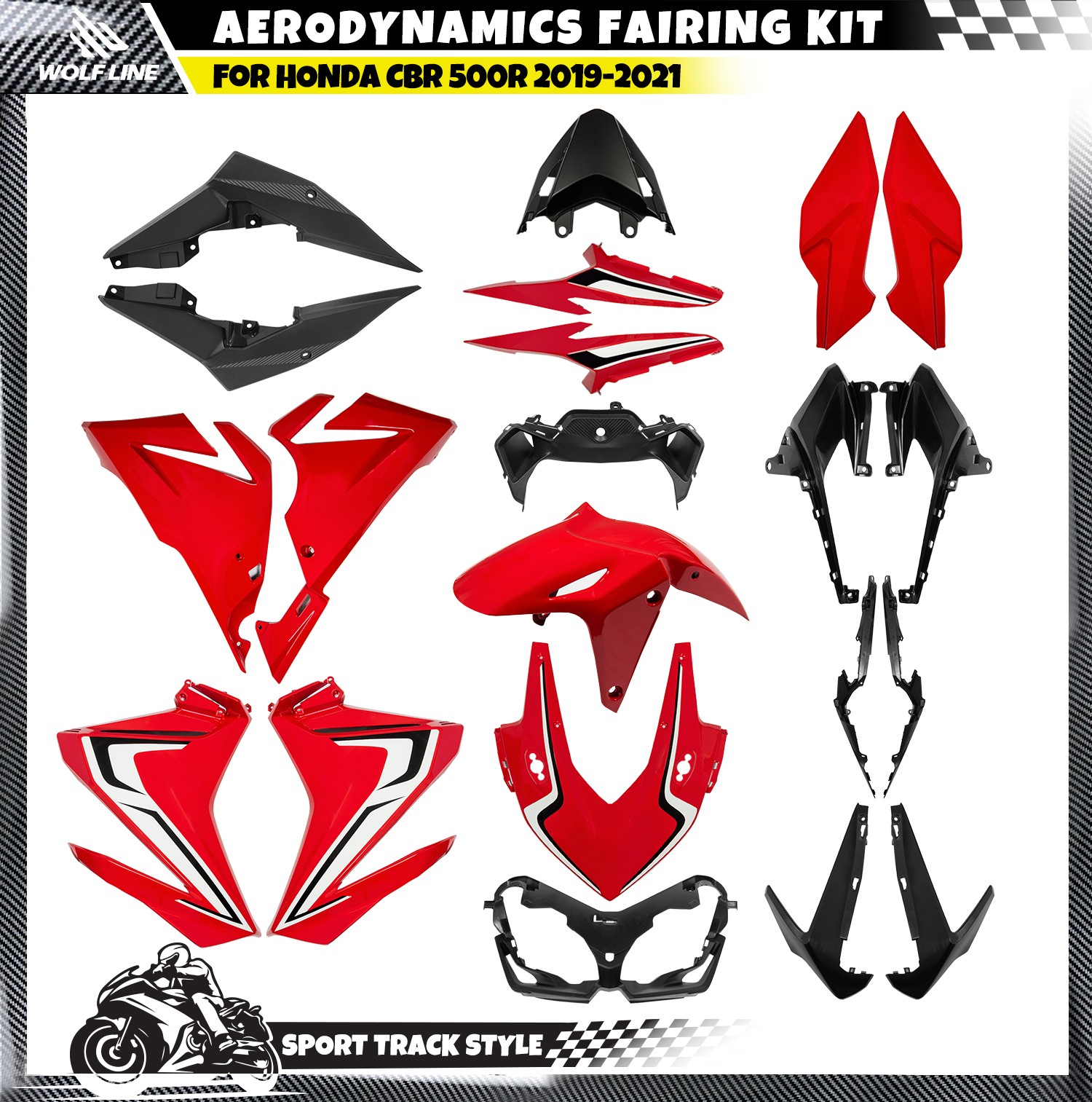 WOLFLINE Bodywork Fairing Kit For HONDA CBR 500R 2019 2020 2021 ABS Black Red