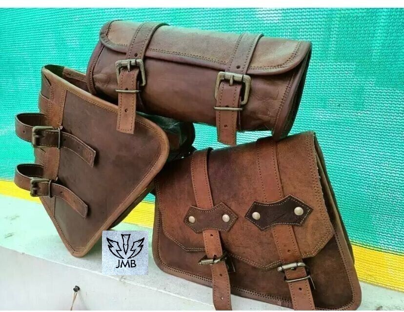 Motorcycle Leather 3 Side Swingarm Saddle Bag For Harley Street Bob Softail