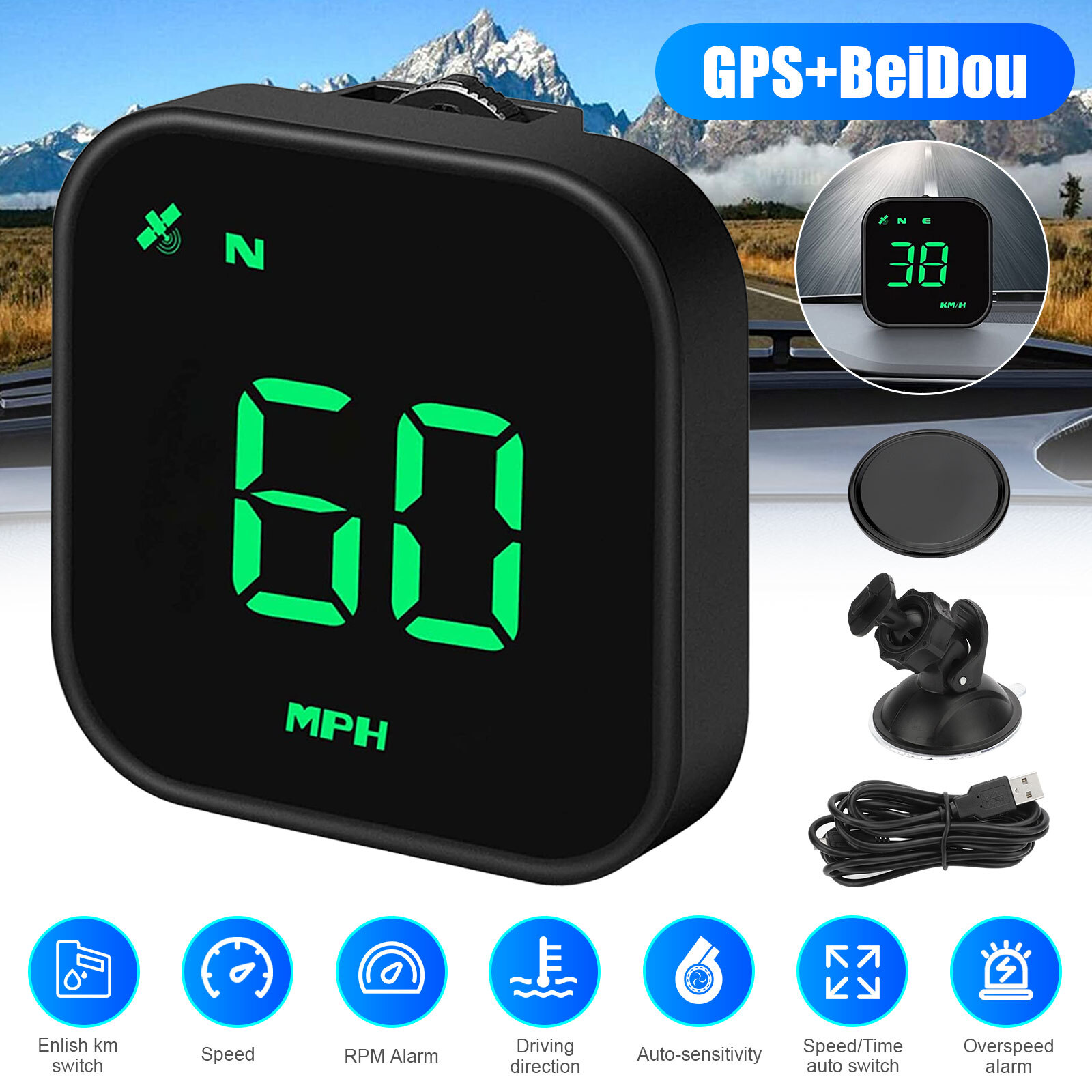 Universal Car HUD Digital GPS Speedometer Head Up Display MPH Overspeed Alarm US