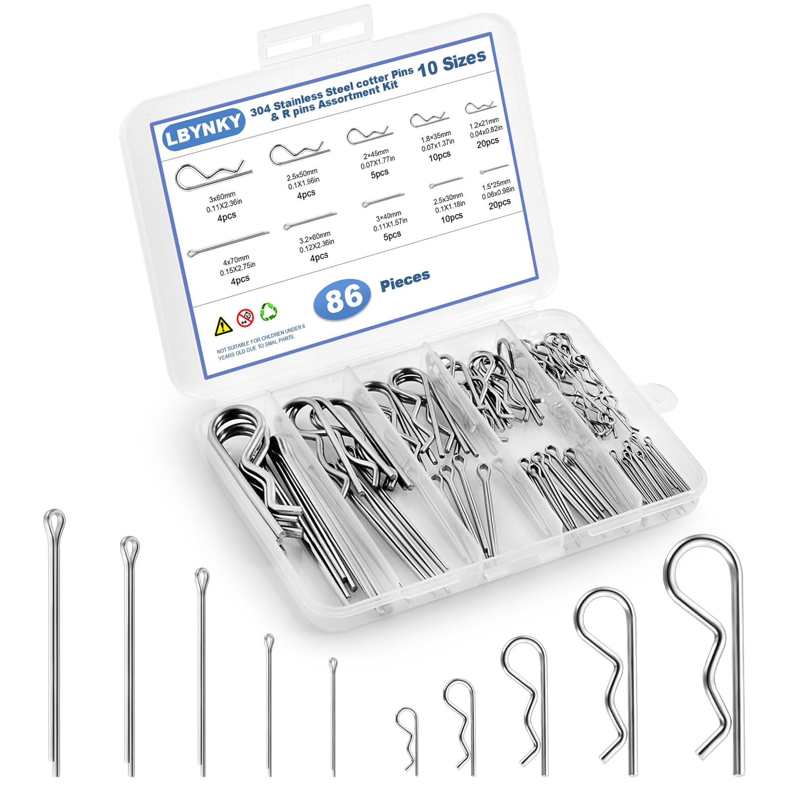 86 PCS Cotter Pin Assortment Kit, 10 Sizes Stainless Steel Cotter Pins & R Clips