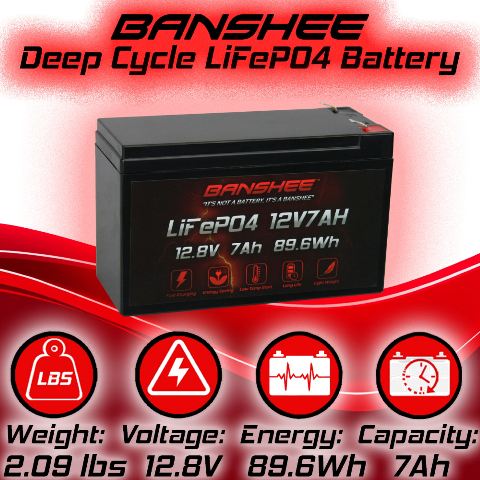 Banshee 12V 7Ah Lithium Battery, F2 Terminals Fits WKA12-7.5F, 5-Year Warranty