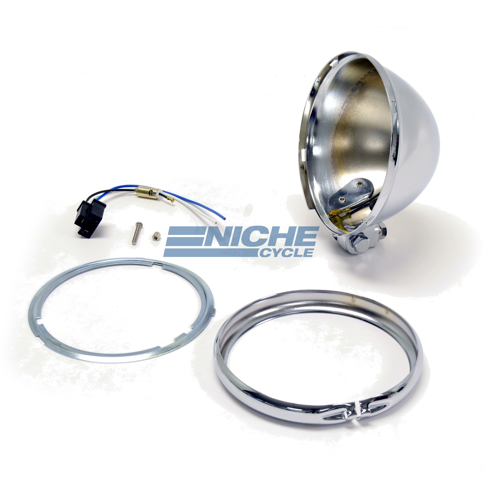 Bates Style 5.75″ Chrome Headlight Shell Kit Blue Dot Chopper Bobber
