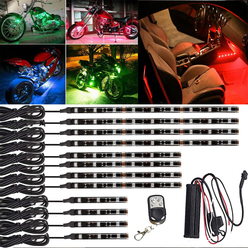 12pcs Motorcycle RGB LED Neon Under Glow Lights Strips+Remote For Universal Kit
