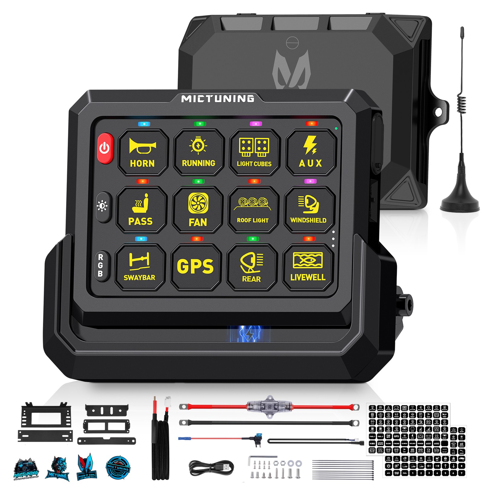 MICTUNING RGB Wireless 12 Gang Switch Panel LED Circuit Control Relay System Box