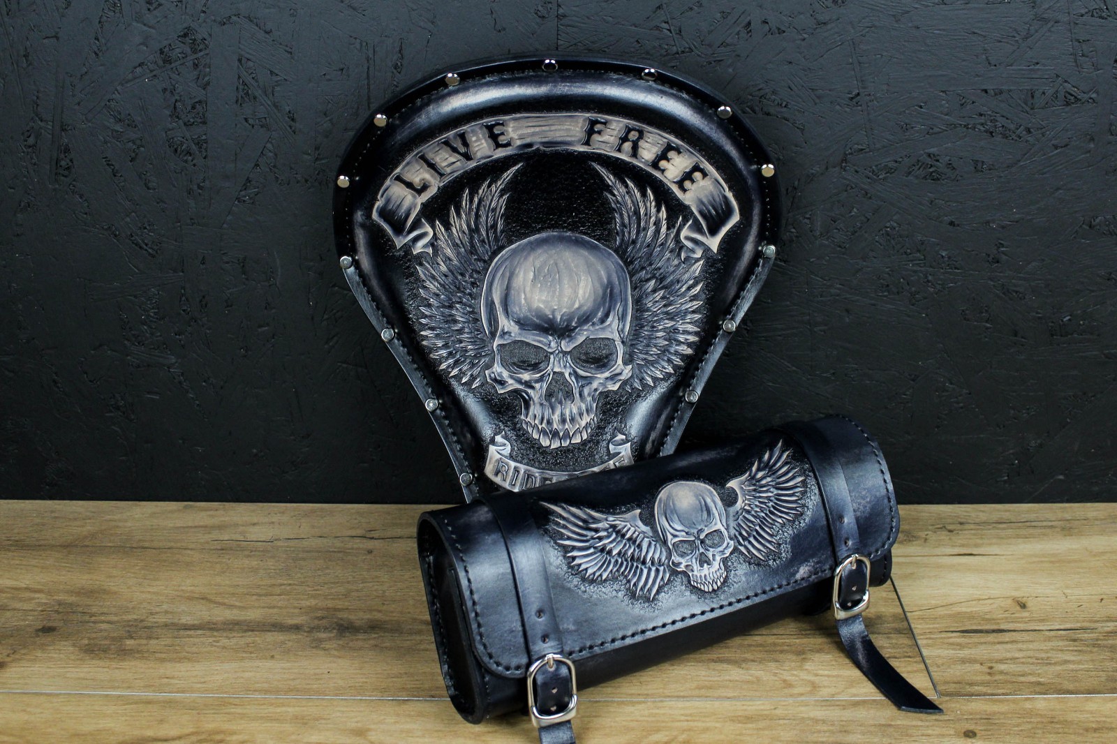 Handmade Leather Motorcycle Solo Seat & Tool Bag Set Skull Custom Chopper Bobber