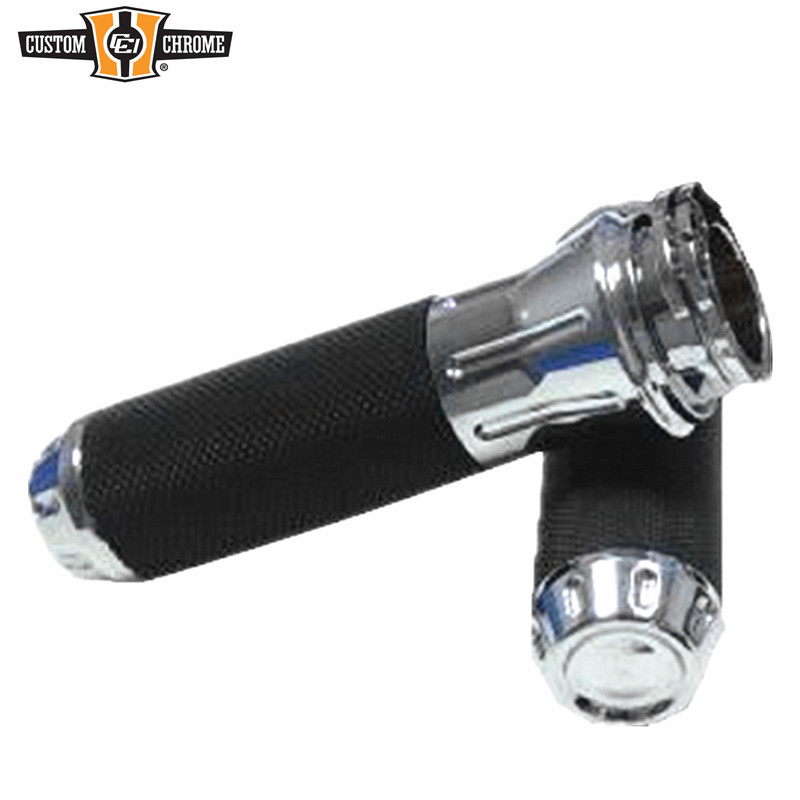 Cable Style Cobra Custom Hand Grip Set Chrome W/Black Rubber Fit Harley 1973+