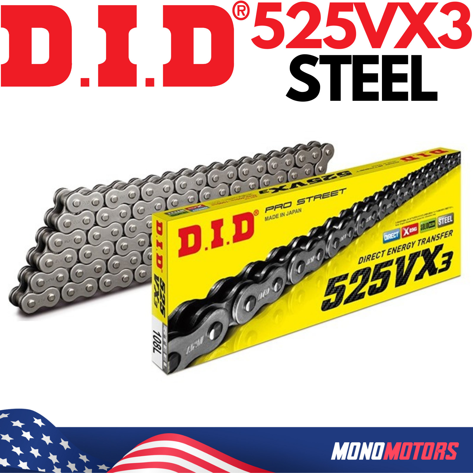 118 LINKS D.I.D DID 525VX3 525 VX3 NATURAL STEEL CHAIN with Rivet Master Link