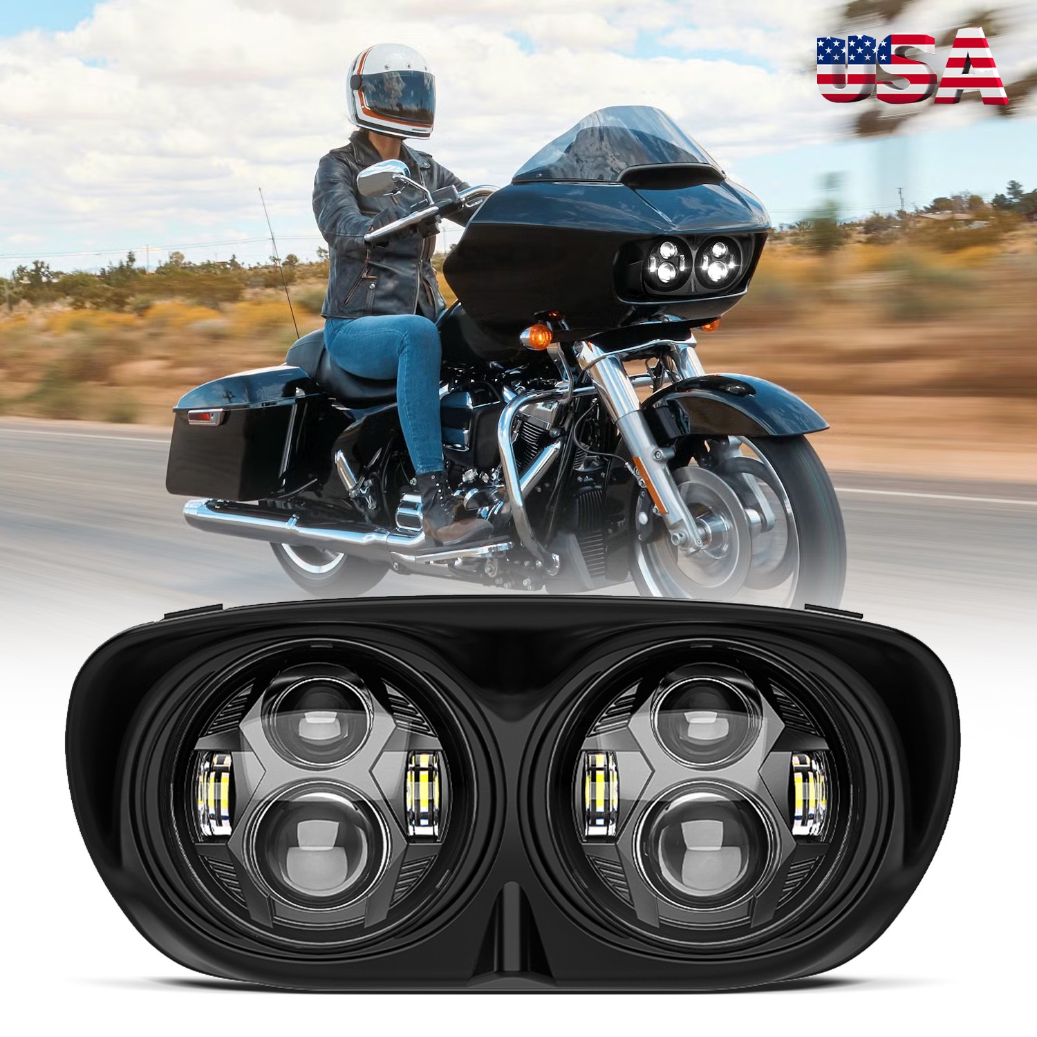 Black 5.75” Dual LED Headlight Projector Hi-Low For Harley Road Glide 1998-2013