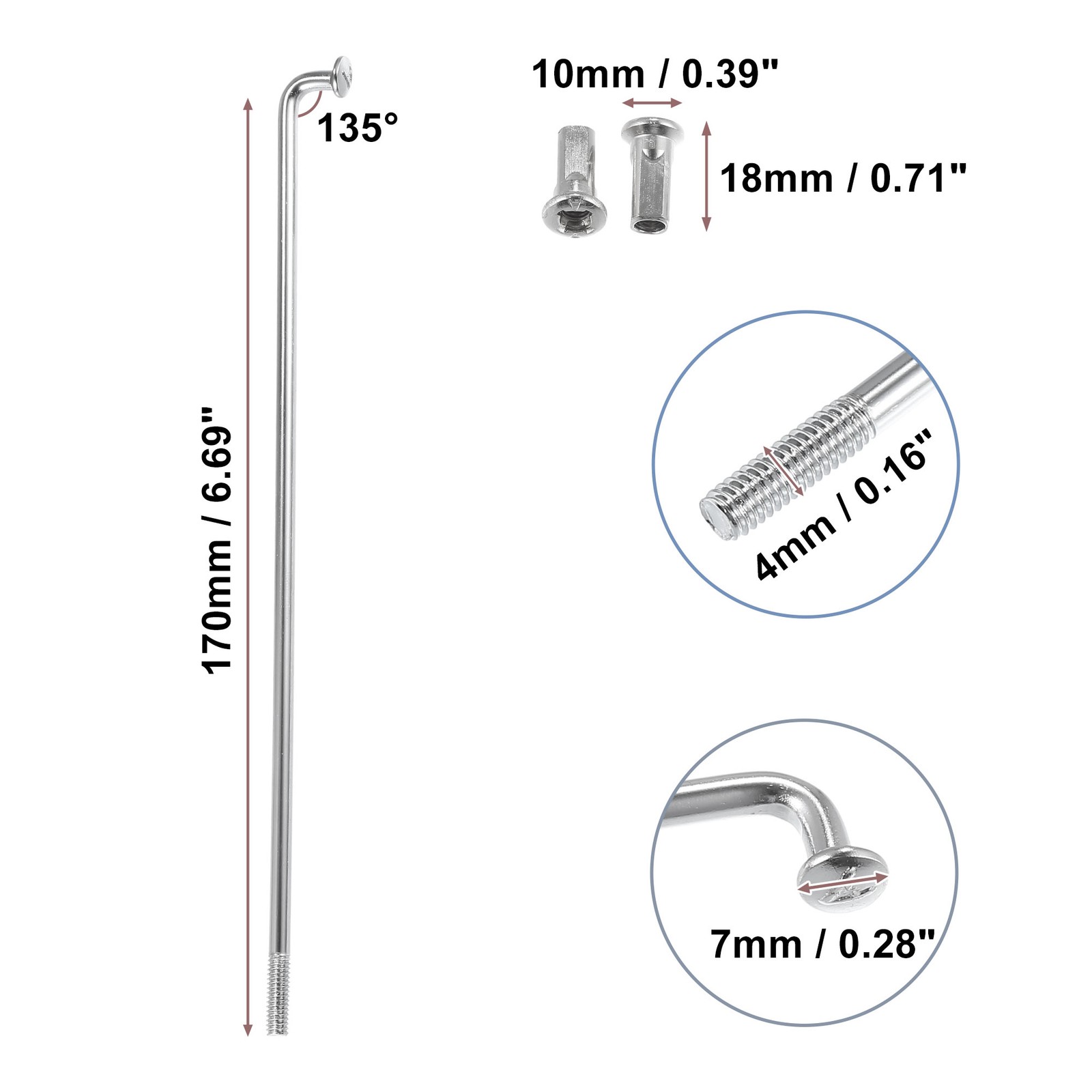 Universal Pack (36) 4mm Thread Dia 170mm Length Motorcycle Wheel Spokes Nipples