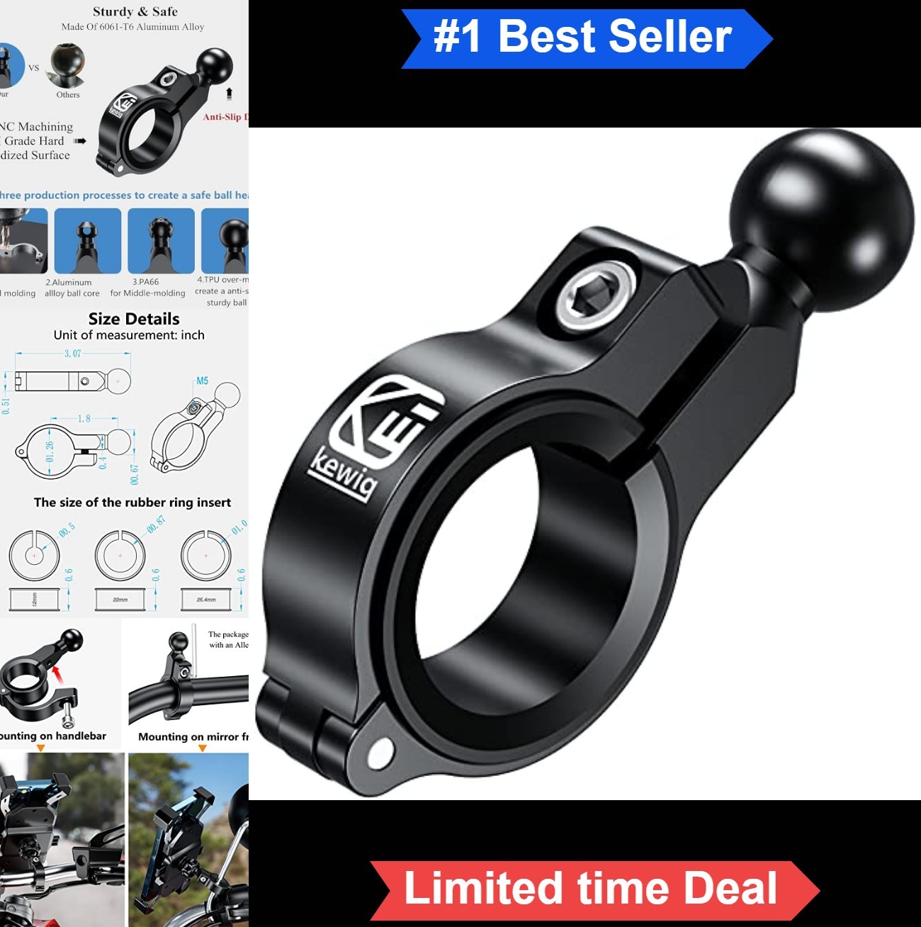 Motorcycle Handlebar Clamp Mount Base 17mm Ball 0.5 0.87 1 1.26 Inch Rubber