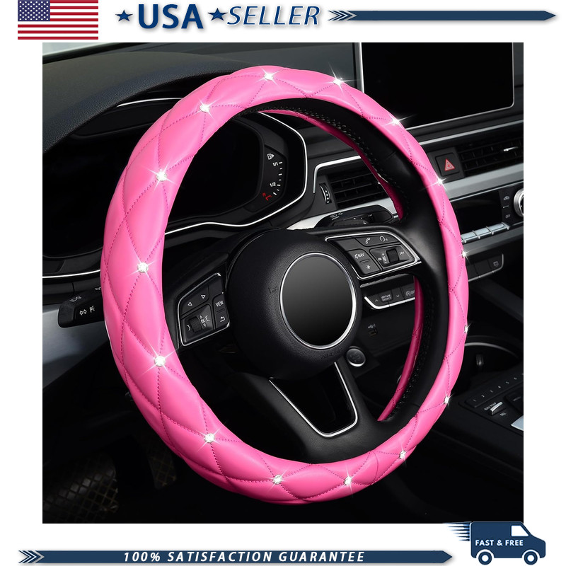 Diamond Leather Steering Wheel Cover, 15 Inch, Dark Pink Bling Crystal Rhineston