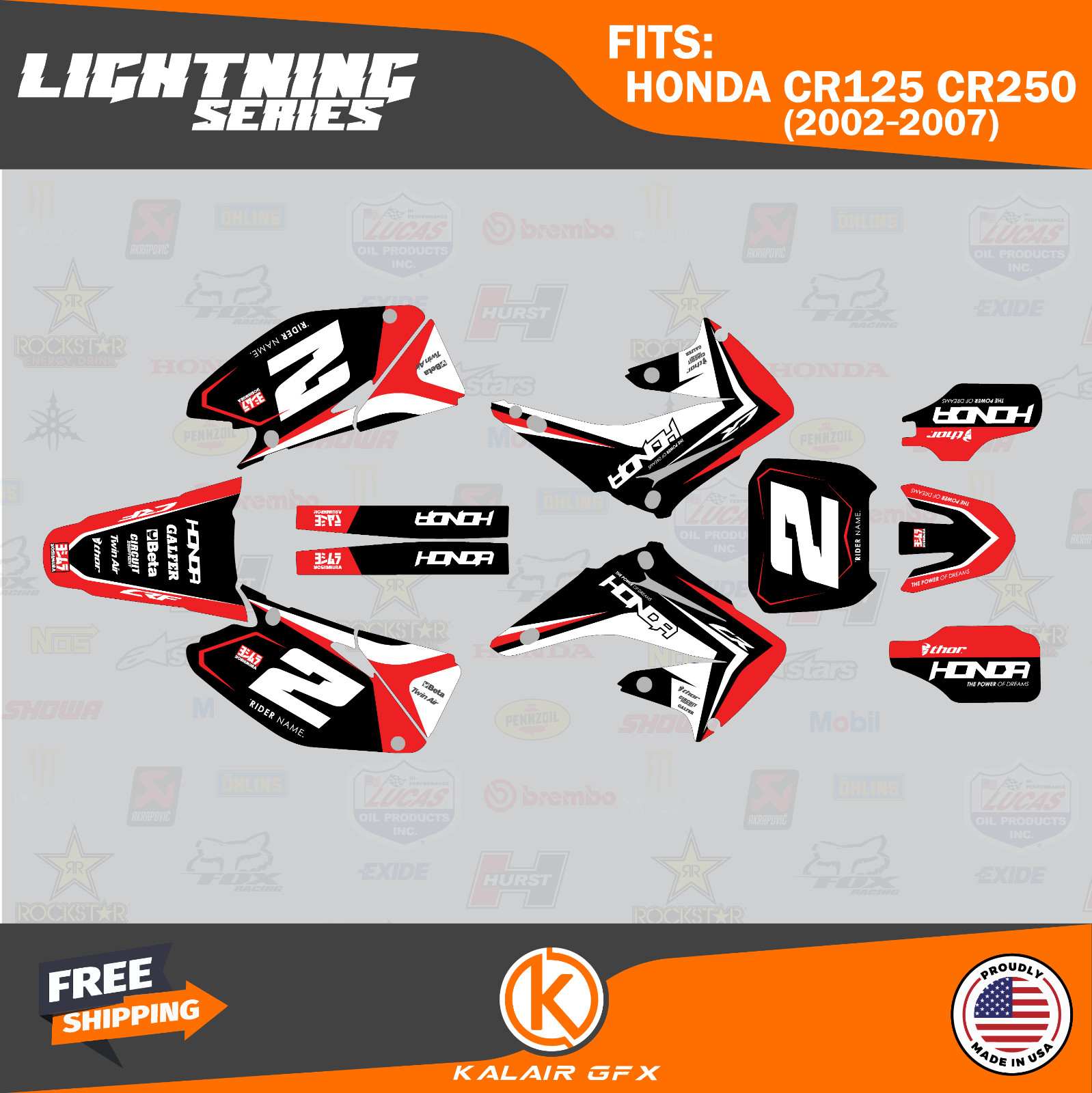 Graphics Kit for HONDA CR125 CR250 2002 – 2007 LIGHTNING-Red