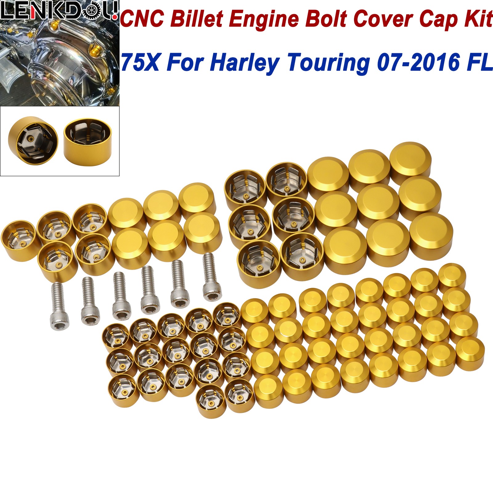 CNC 75X Gold Engine Bolt Topper Caps Covers For Harley Touring Road Street Glide