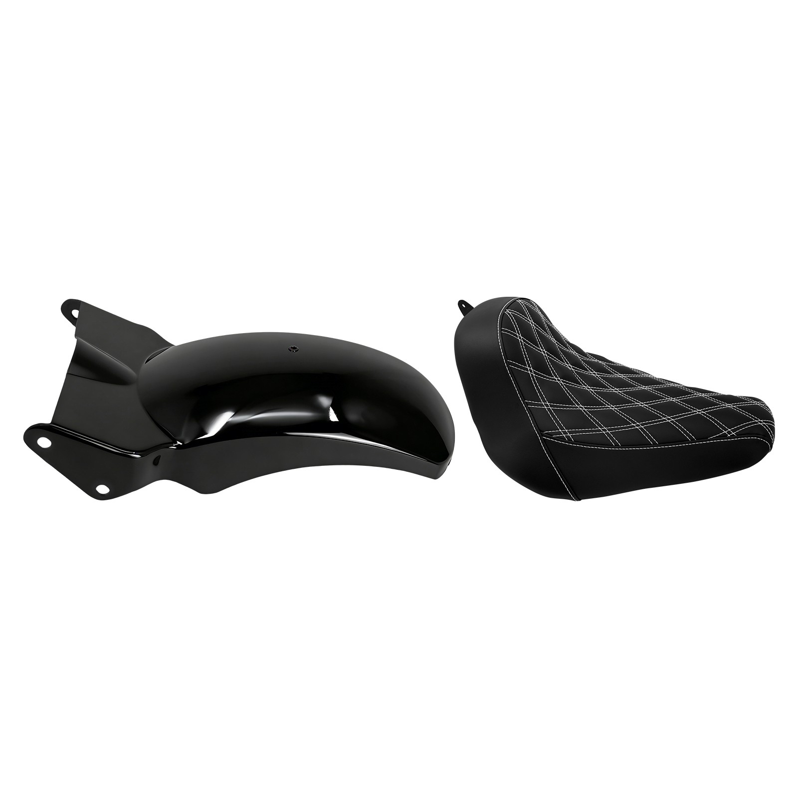 White Stitching Solo Seat Short Fender w/ LED Light Kit For Harley Softail 18-25