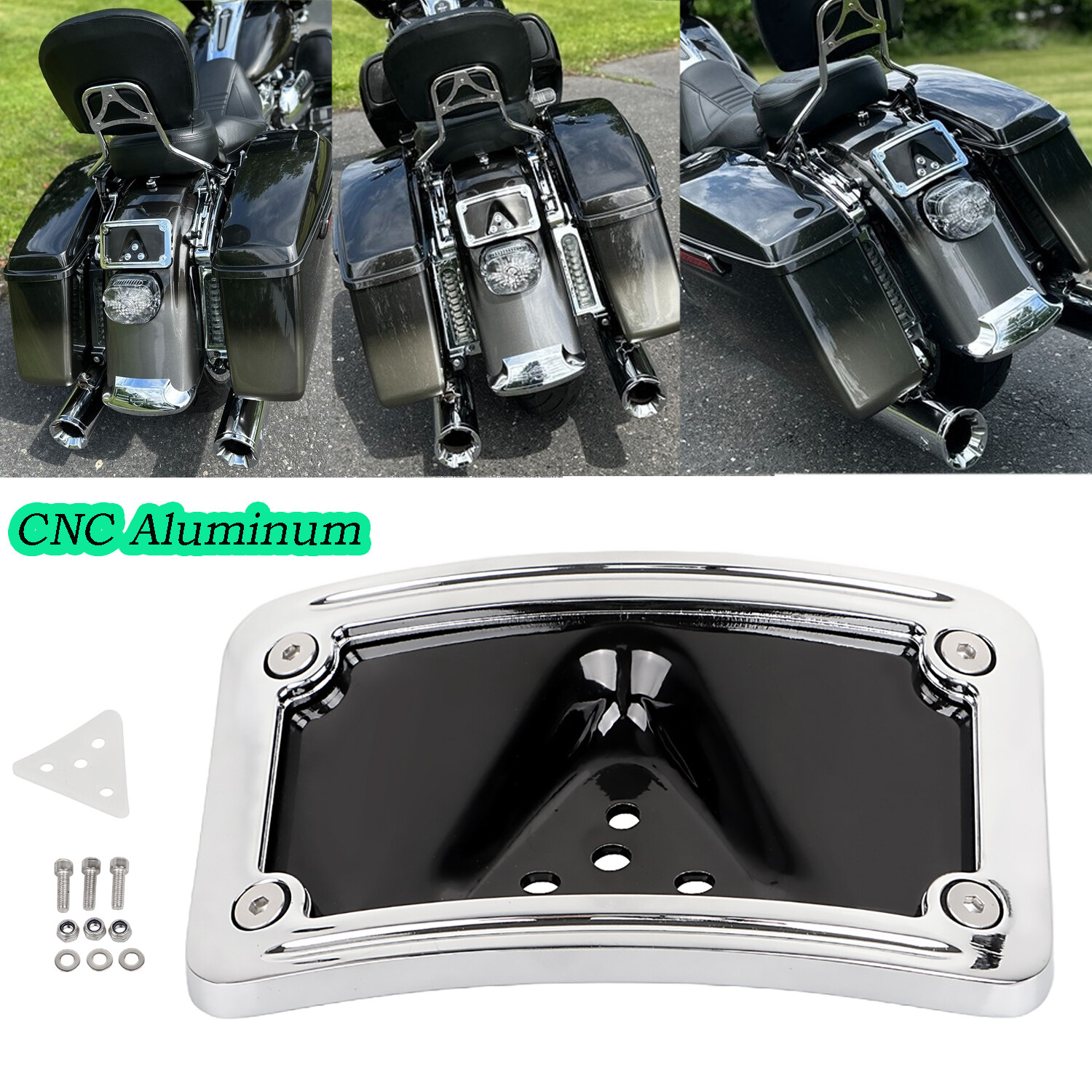 Aluminum Chrome CURVED Laydown License Plate Bracket For Harley 3 Hole Mount