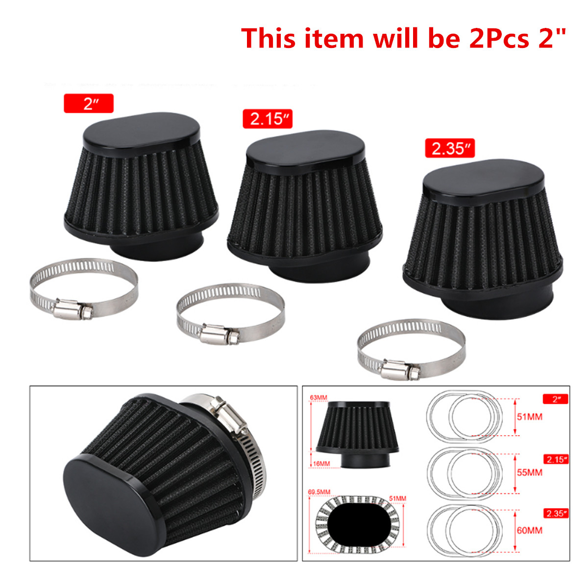 2PCS High Performance Motorcycle Parts Cone Pod Air Filter Cleaner 51mm ID