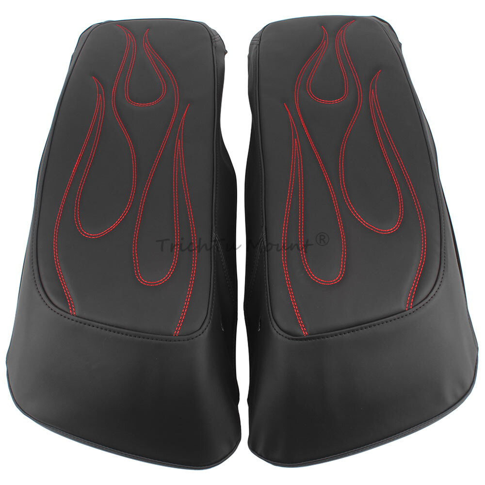 Red Flame Stitched Black PU Hard Saddlebag Lid Cover for Harley Touring Glide