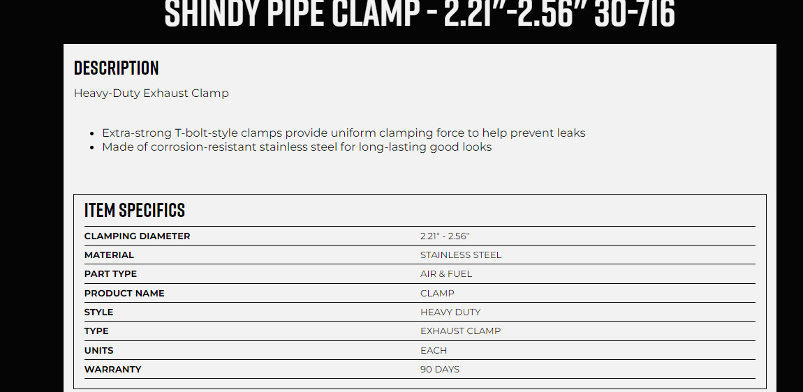 Shindy Exhaust Pipe Clamp 2.21″-2.56″ P/N 30-716 Made in USA Motorcycle
