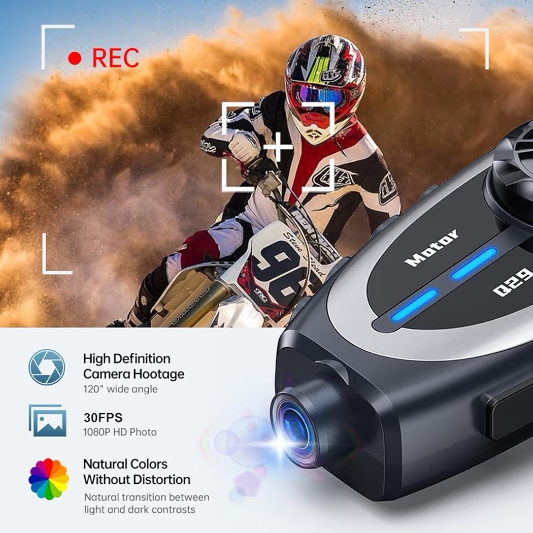 Q29 Motorcycle Bluetooth Helmet Intercom with 1080P HD Camera and IPX6 Waterproo