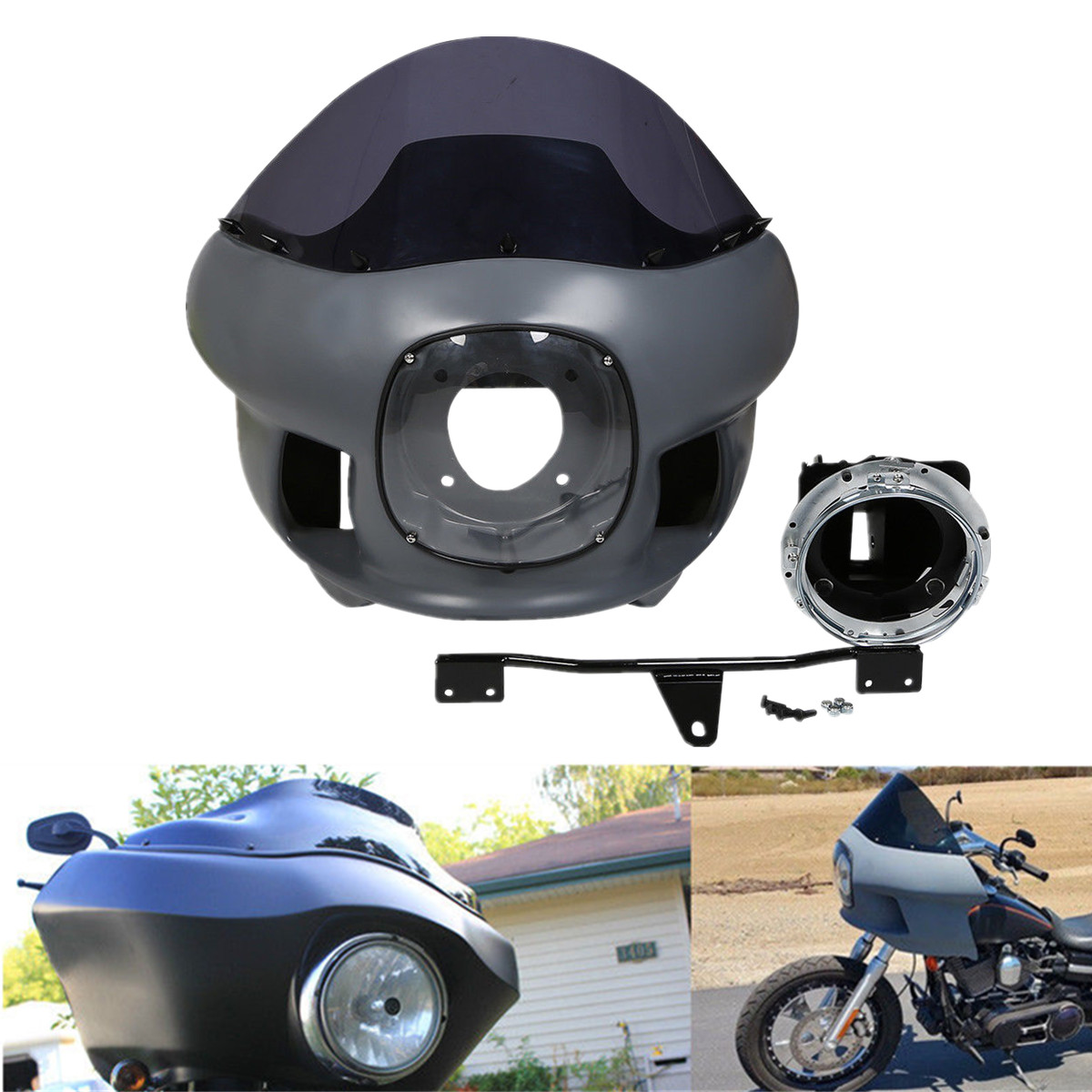 7″ Round Headlight Upper Fairing Cowl Mount Windscreen For Harley Dyna Low Rider