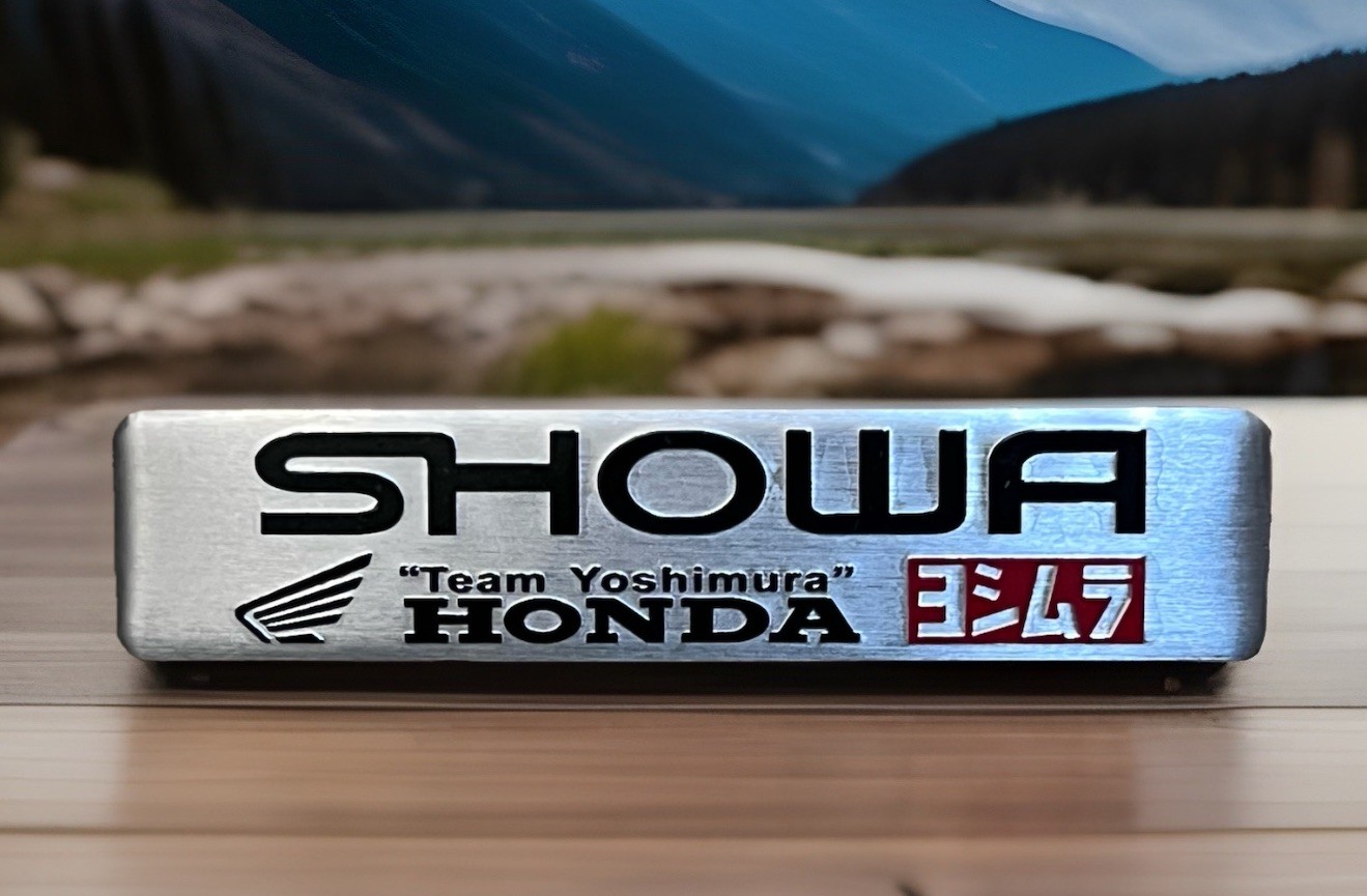 Showa Team Honda Shapeable Aluminum Exhaust Badge 1.1mm Thick: 4.75”X 1”USA Ship