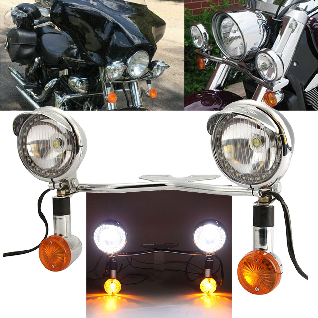 Chrome Passing Turn Signals Lamp Driving Fog Spot Light Bar Kit For Motorcycle