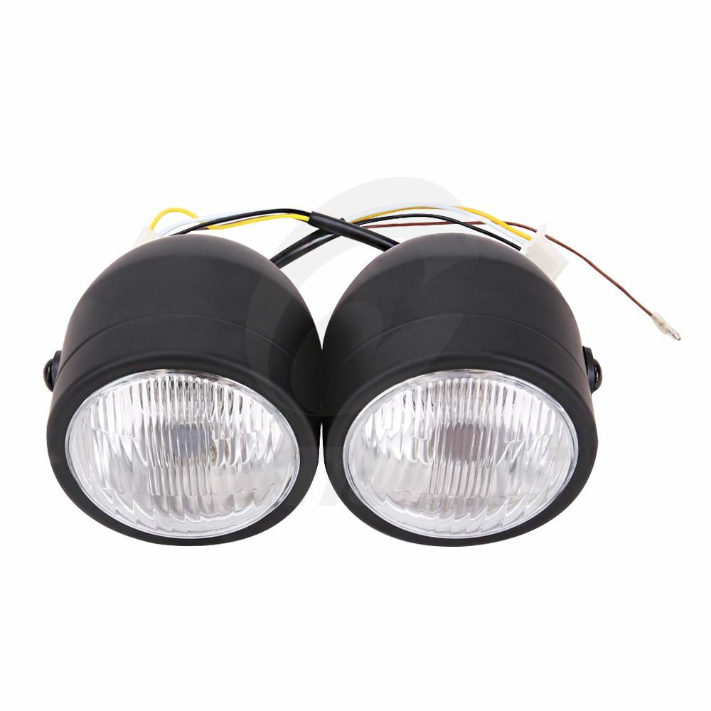 Black Twin Headlight Motorcycle Double Dual Lamp Street Fighter Universal
