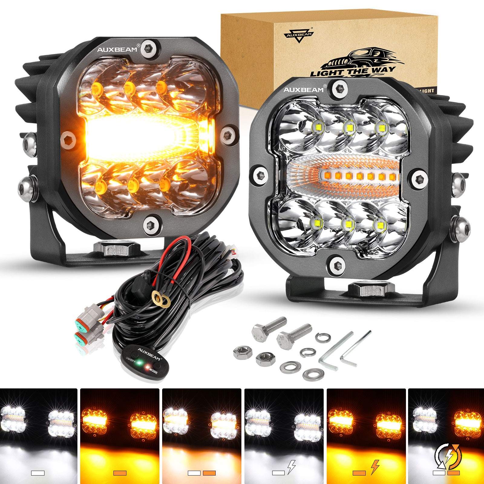 AUXBEAM XP-ULTRA 3″ 96W LED PODS 6 MODES WHITE AMBER FLASHING LED DRIVING LAMPS