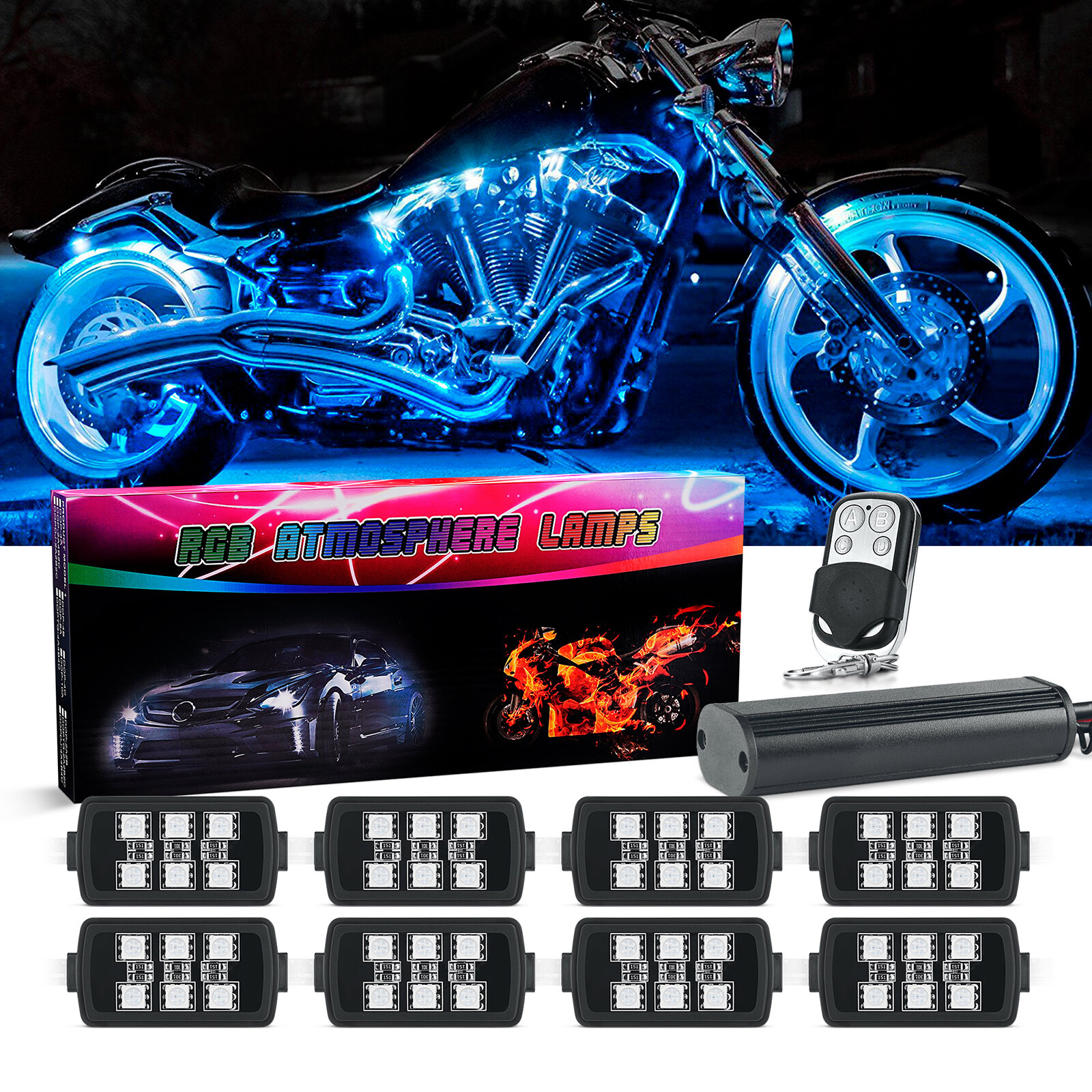8 Pods Million Multi-Color Motorcycle RGB Underglow Neon Accent Light Remote Fob