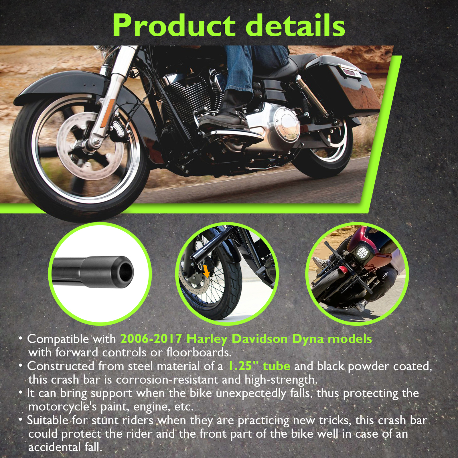 Gloss Black 1.25″ Engine Guard Crash Bar For Harley Dyna FXDB W/ Forward Control