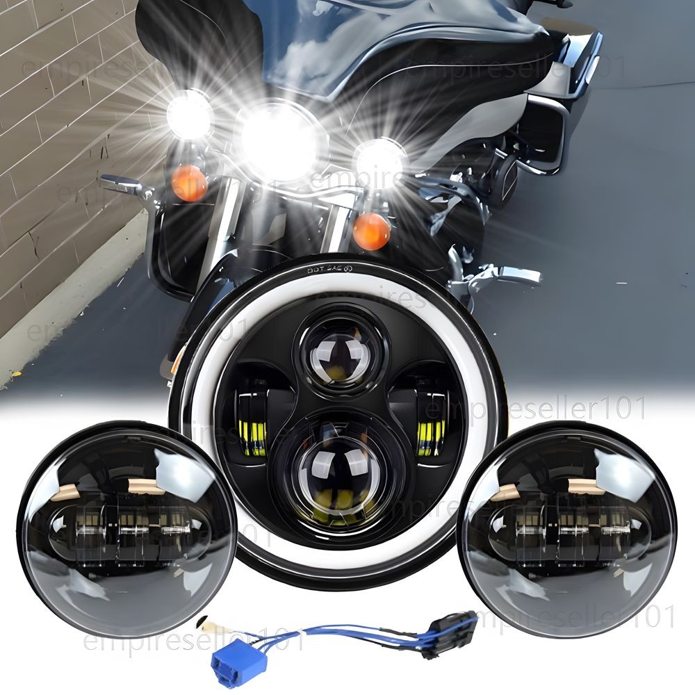 BLACK 7″ INCH LED Projector Headlight + Passing Lights Fit for Harley Touring 3x