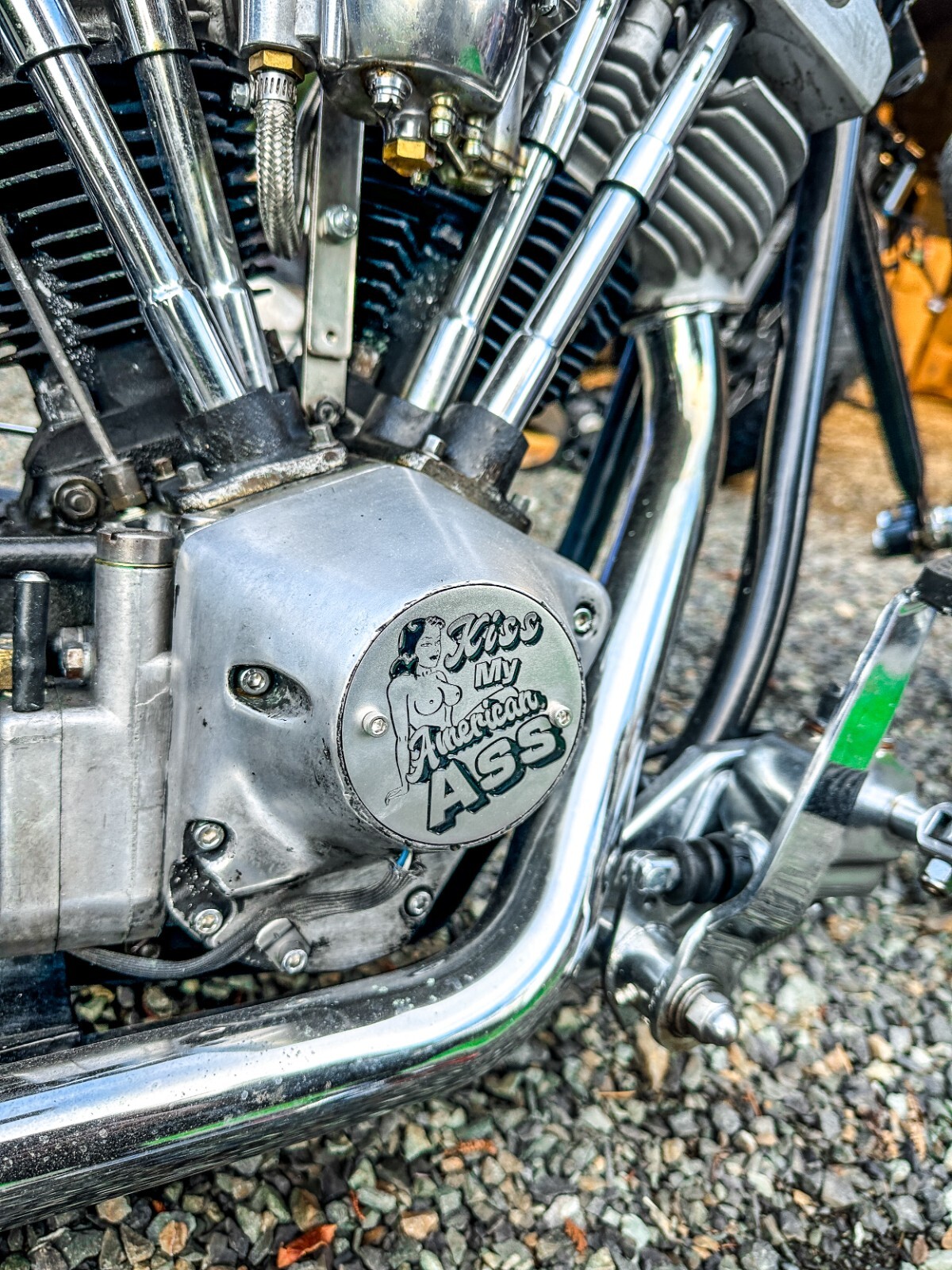 Kiss My American Ass w Titties Evo Shovelhead 2Hole Timing Cover Harley Davidson