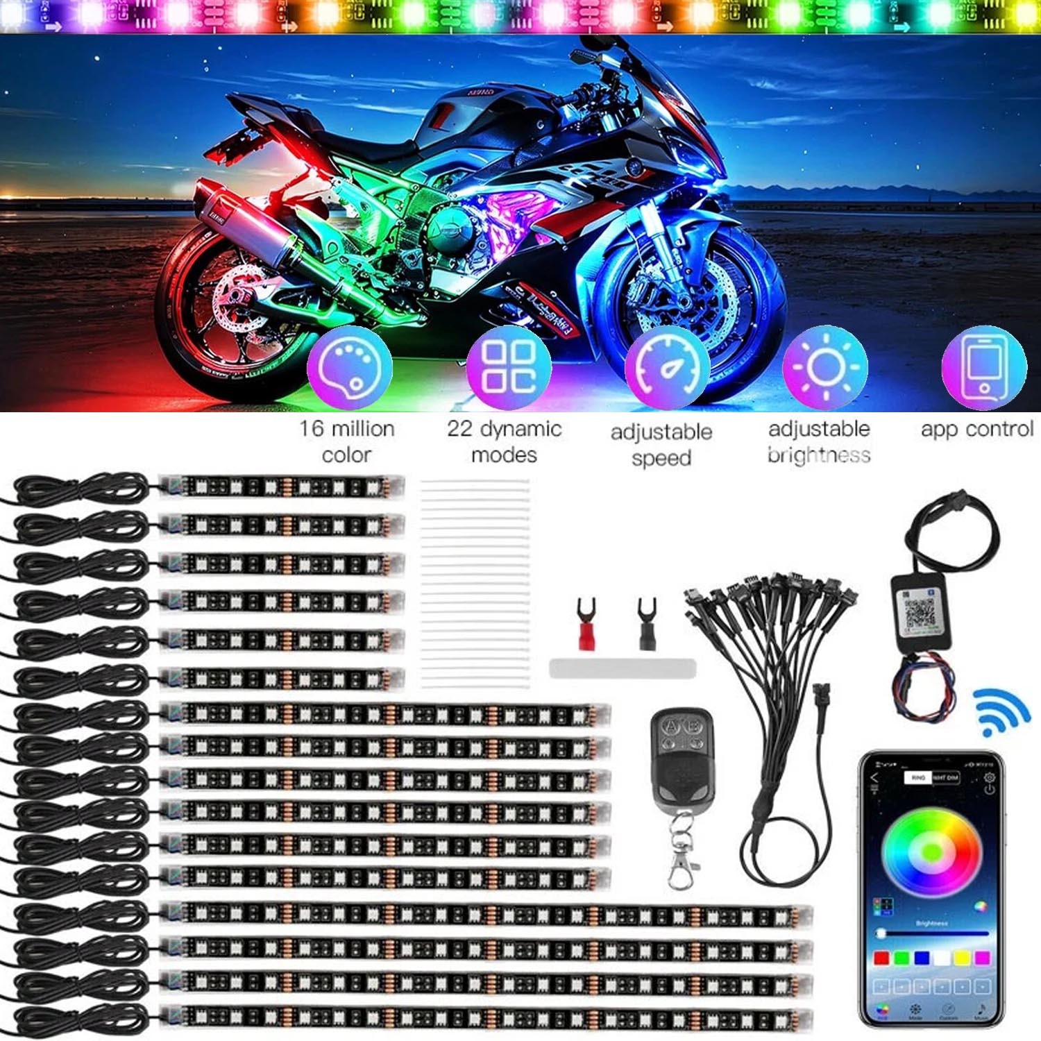 16PCS Motorcycle RGB LED Strip Light Under Glow Neon Kit Bluetooth APP Control